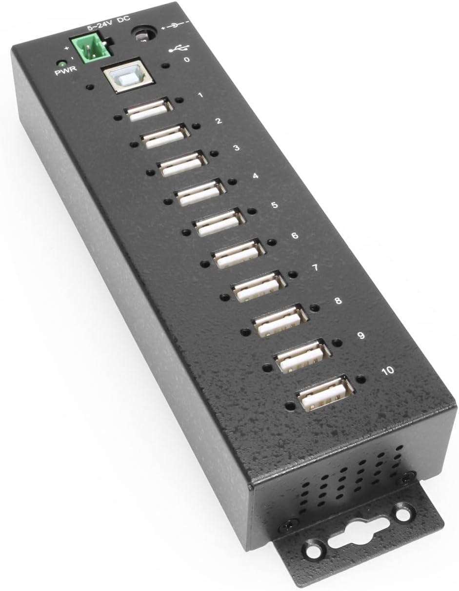Coolgear 10 Port USB 2.0 Industrial Hub - Screw Lock USB Ports for Secure Connections, DIN Rail & Wall Mount, 5-24V DC Power Input, 15KV ESD Protection - Ideal for POS, Kiosks & Automation