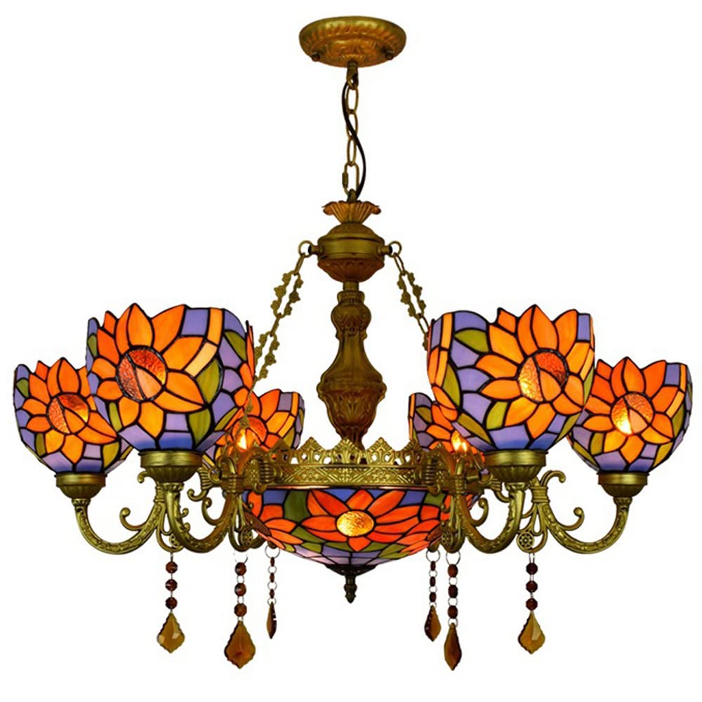 FYZDLAOR 6+1-Light Chandelier,with Sunflower Pattern Lampshade Pendant Light Light Fixtures,Tiffanystyle Stained Glass Hanging Light Wide 32 Inch with Crystal Pendant