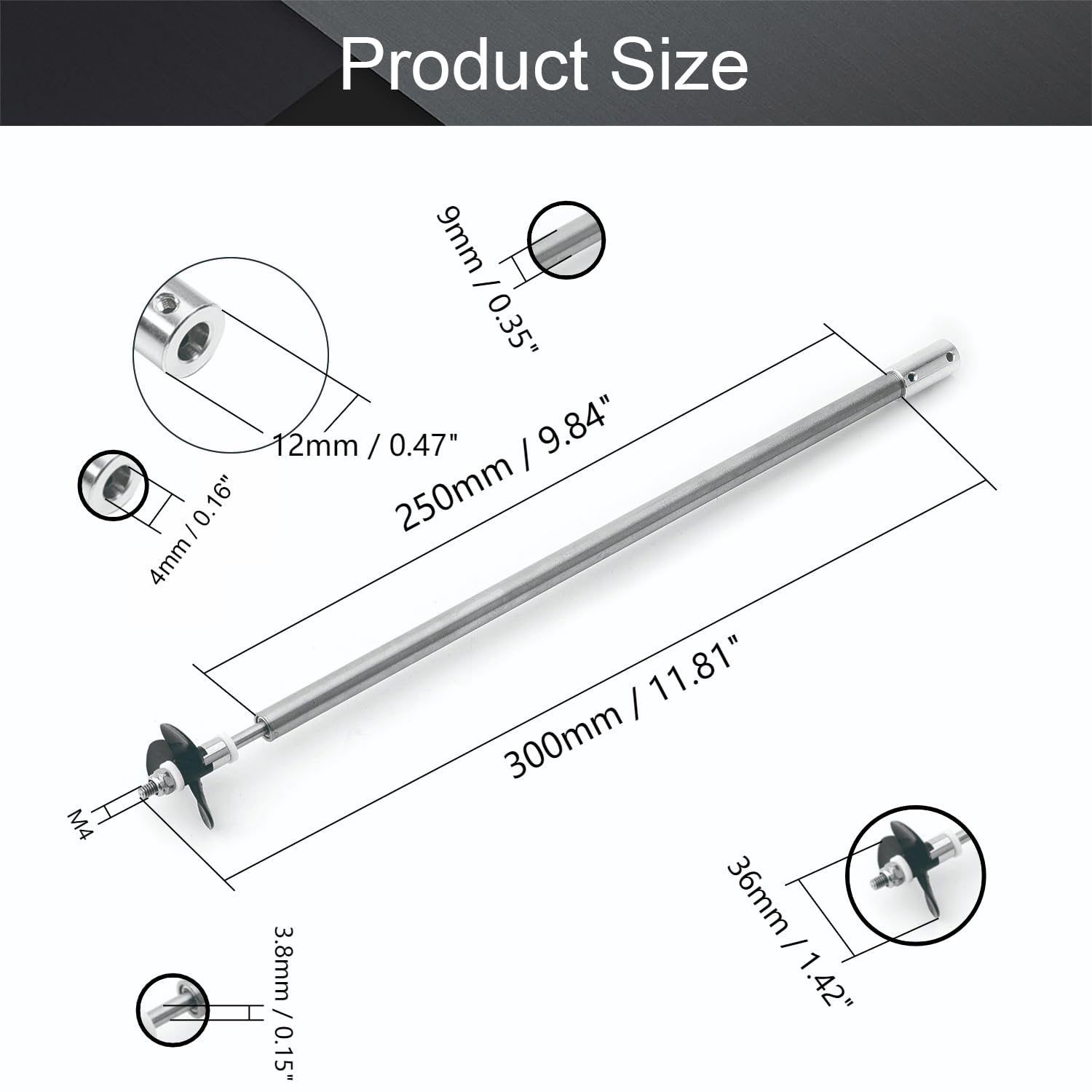 Amazon.com: Fielect Eje de transmisión con hélice y junta universal para  barco RC, eje de L300 mm, manga L250 mm, hélice D36 mm, apto para eje de  motor de 0.157 in :