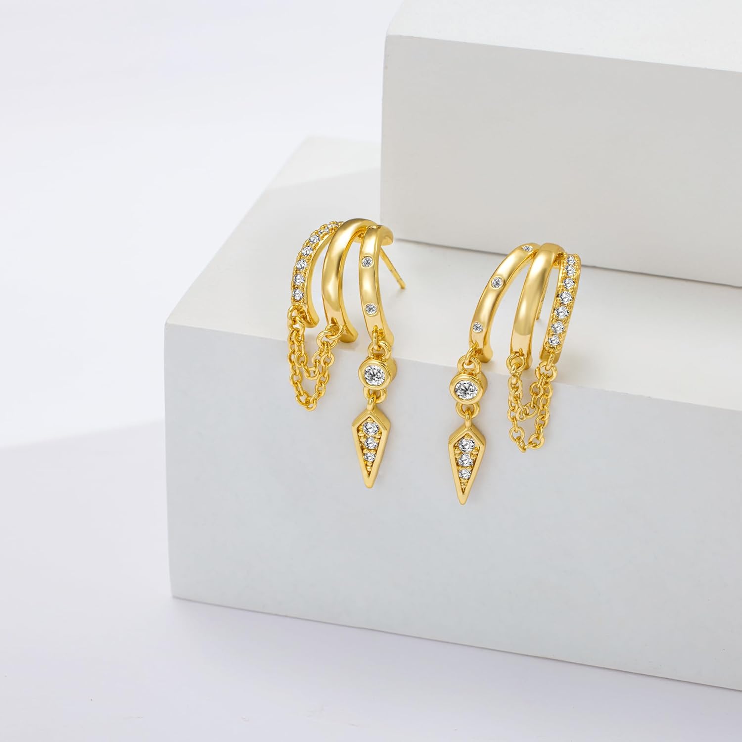 Freekiss 3 Hoop Illusion Huggie Earrings for Women, Hypoallergenic Dangle Drop Earrings Minimalist Stud Earrings with Cubic Zirconia, Gold Silver Choice - Image 7