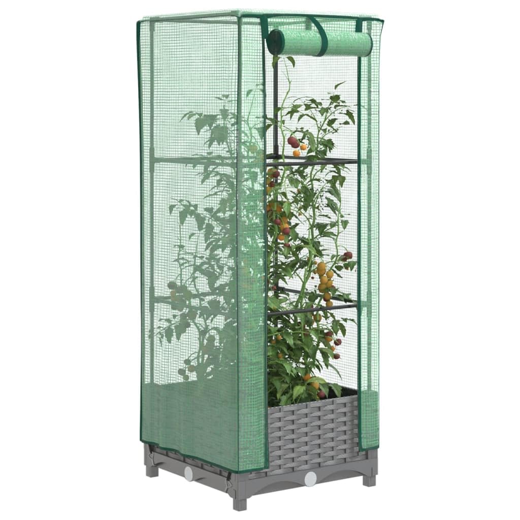 Bancal alto con accesorio de invernadero, 40 × 40 × 123 cm, aspecto de ratán, marco de hierro, semillero gris para balcón, jardín, cocina Urban Gardening