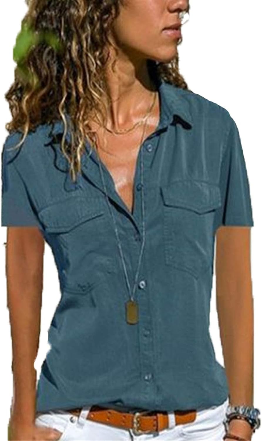 Andongnywell Women's Button Down Solid Color Short Sleeve Tunic Blouse Tops Shirts Tunics t Shirts