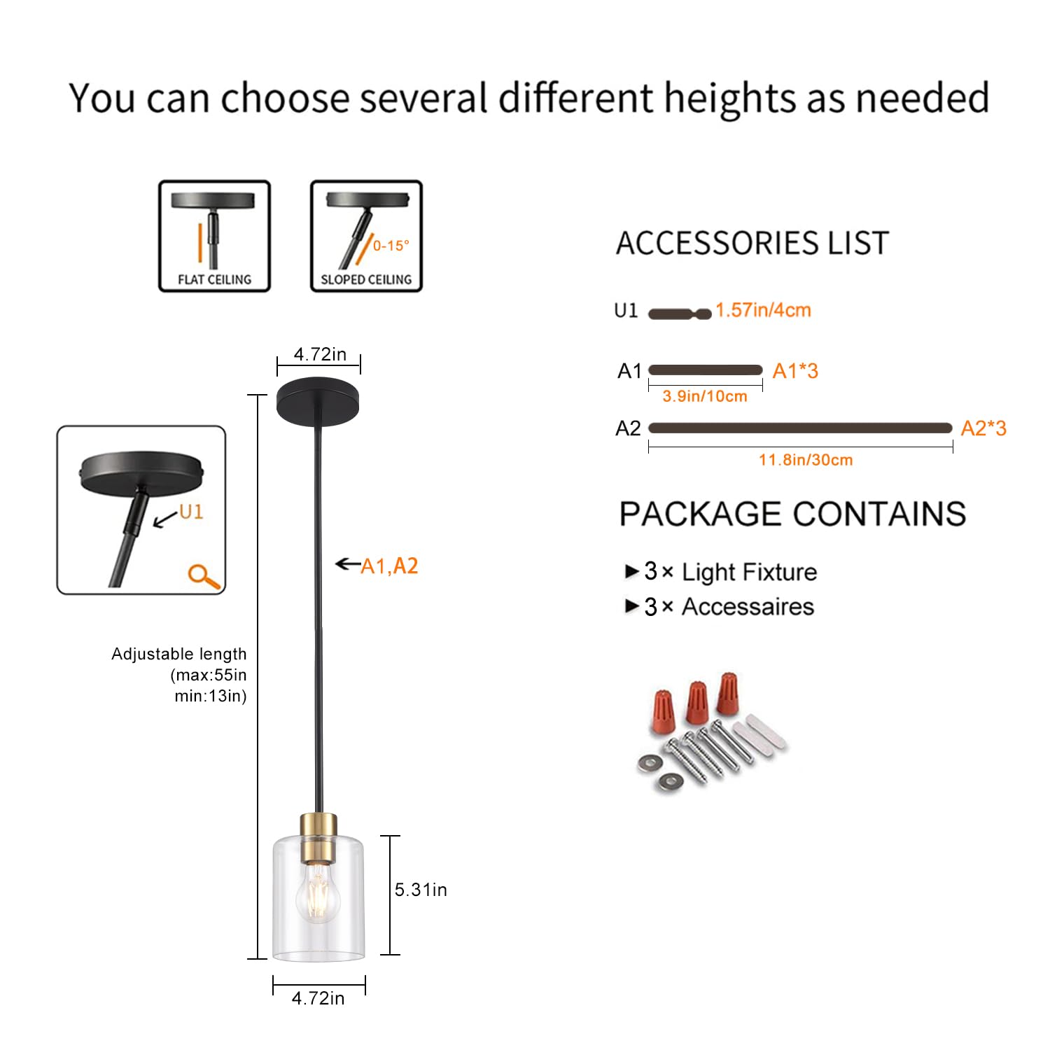 Czarne mosiężne lampy wiszące wyspa kuchenna - przezroczyste szkło wisząca oprawa oświetleniowa wiele łodyg pręty 3 jednostki 30 cm 3 jednostki 10 cm (3 szt. czarny mosiądz downrod)