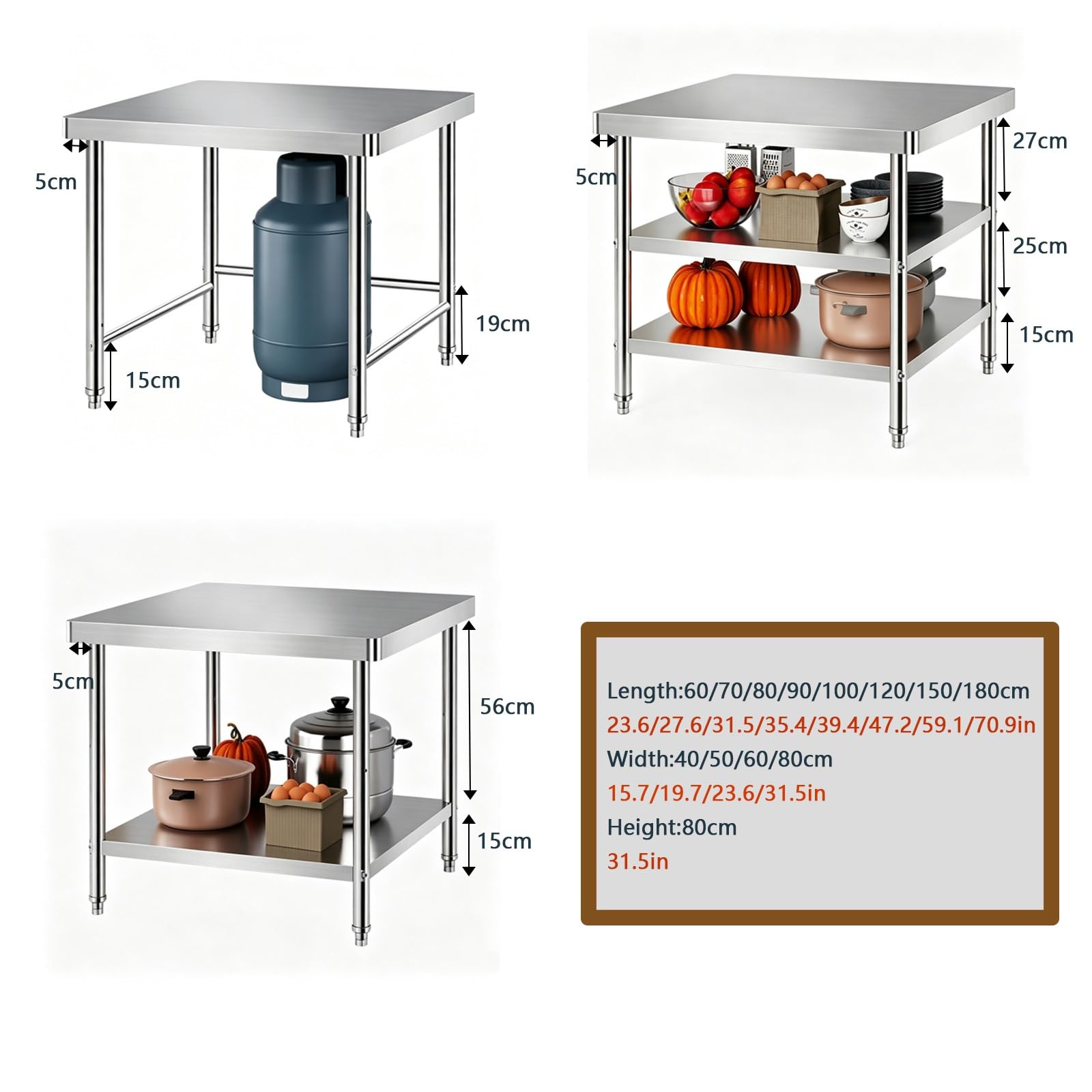 Mesa de Trabajo Cocina INOX, Refuerzo, Patas Ajustables | Gran Capacidad Carga, Superficie Cepillada Suave, Esquinas Redondeadas(3 tier,60x40x80cm)