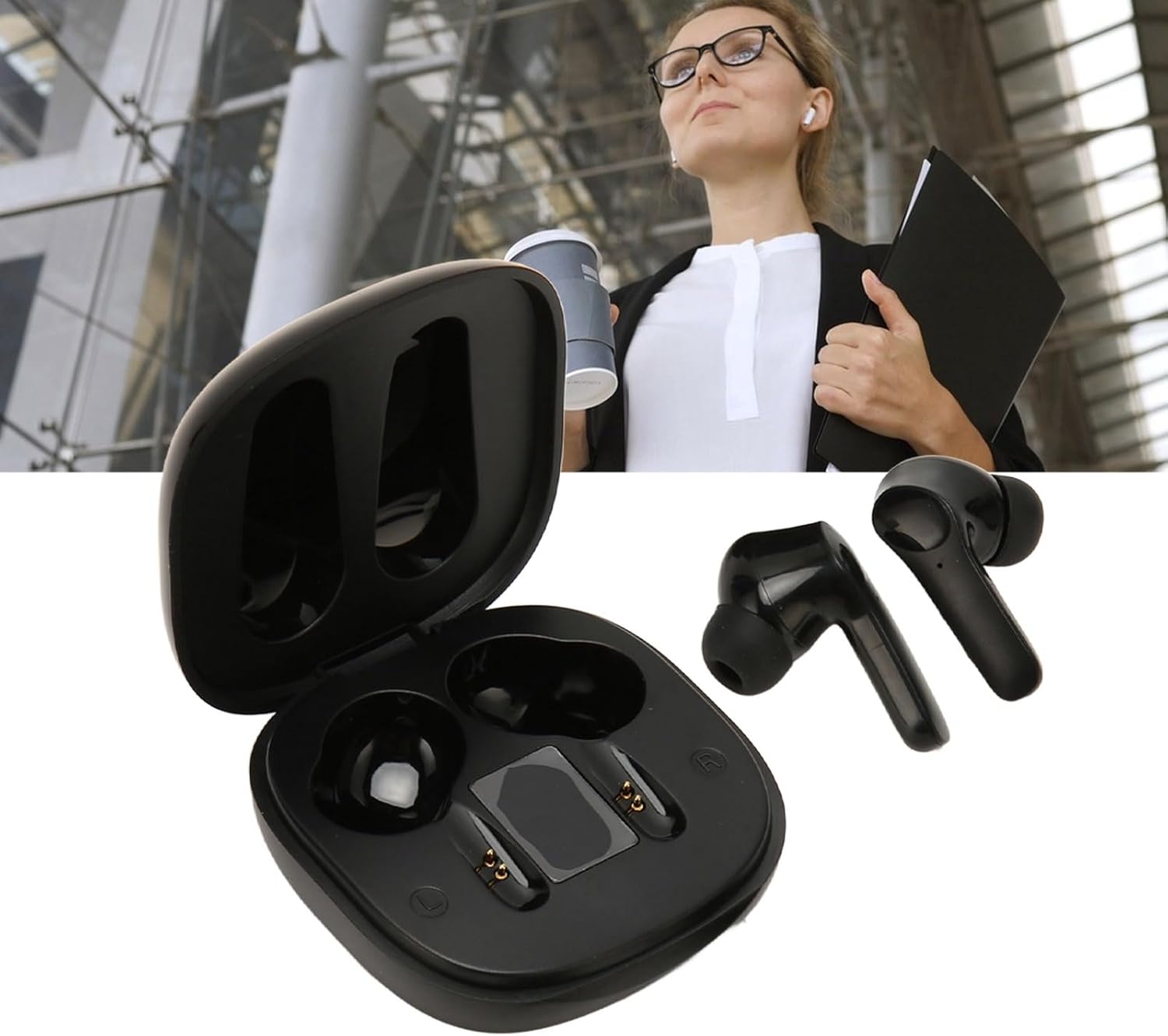 Image showing a woman in a professional setting wearing the flexman coreless Translator Earbuds, with the open charging case and a loose earbud in the foreground. This illustrates the earbuds' use in office or home environments.