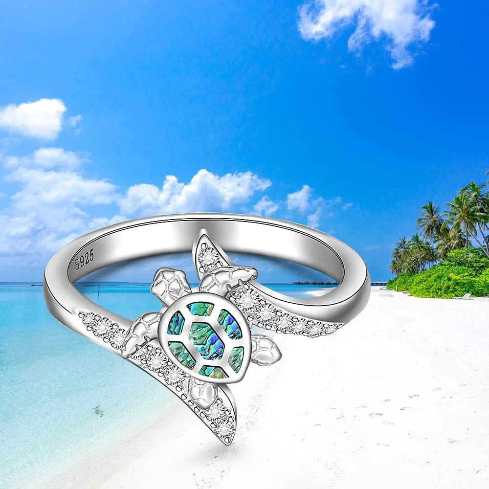 Turtle Ring Sea Turtle Abalone Shell Ocean Wave Rings for Women Sterling Silver Animal Good Luck Mothers Day Longevity Gifts Size 6 7 8 9 10
