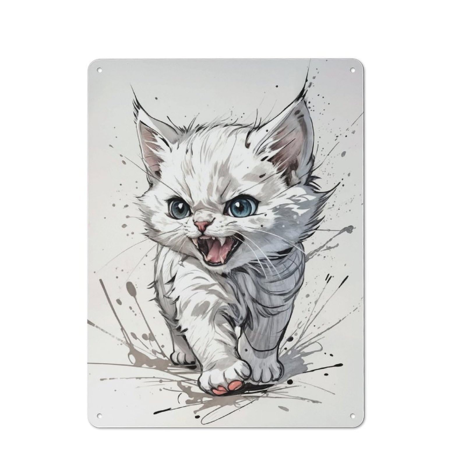 Junmoney Angry White Kitten Classic Metal Wall Decor 40X30cm, Metal Wall Plaque For Office, Study, Studio Or Hallway
