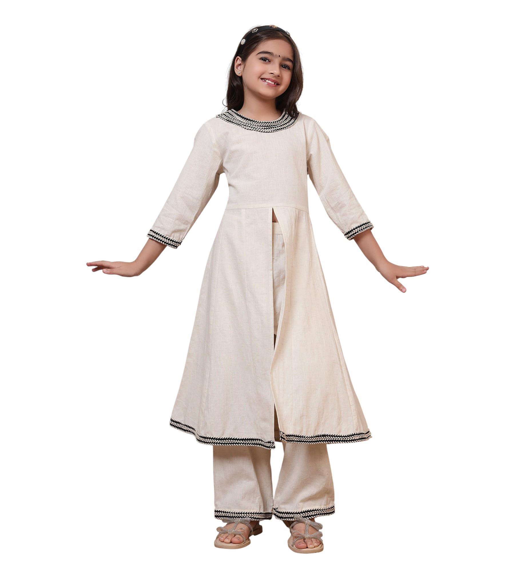 Bugandbees Girls Solid Cotton Flex Slit Style Kurta With Ankle Length Pant Fusion Co-Ord Set|Kids Clothes For Girls Dress 12-13 Years New|Two Piece|Casual Wear(BBCO00000411_12-13Y_Off-White)