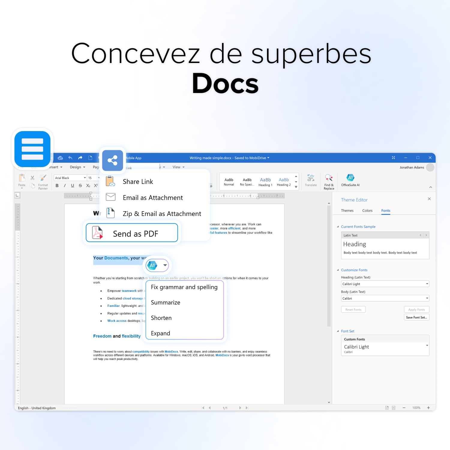 MobiOffice Suite de bureau 4 en 1 Licence Lifetime pour Windows Traitement de texte feuilles de calcul présentations messagerie lecteur PDF