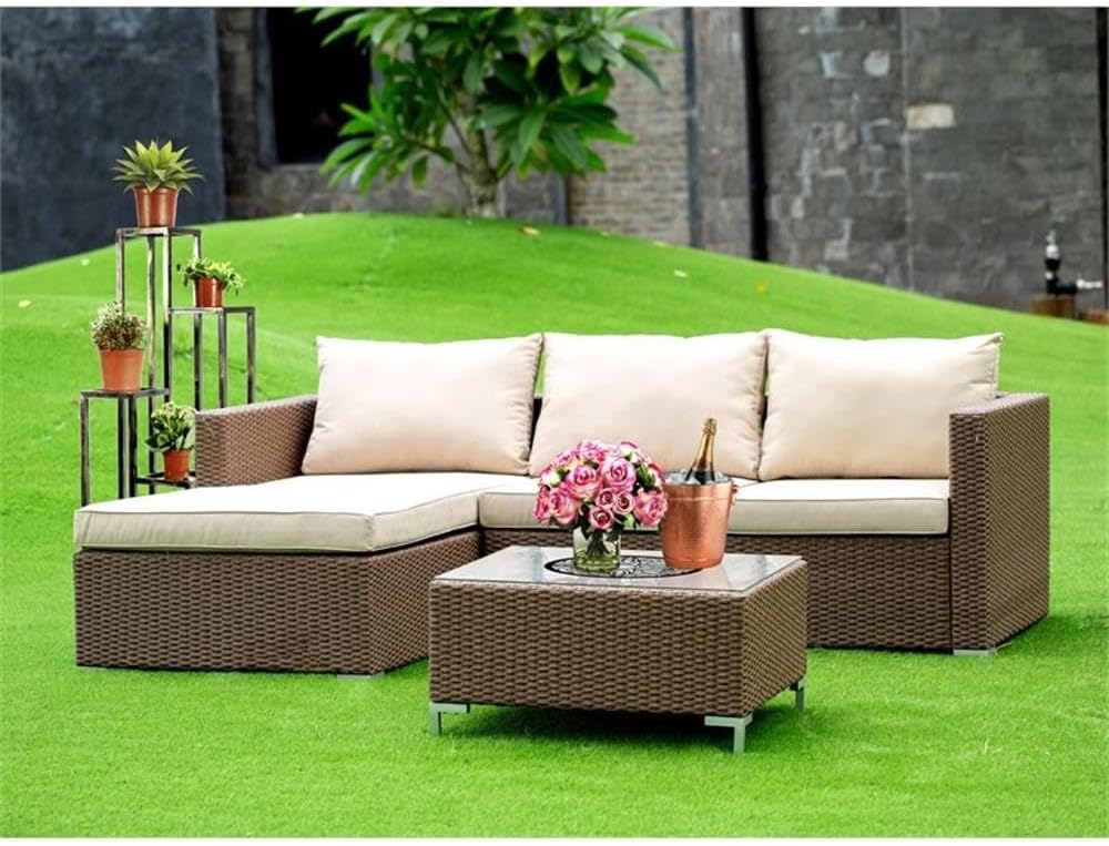 Pemberly Row Contemporary 3-Piece Metal Patio Sofa Set, Lightweight Steel Frame, PE Wicker, Brown Finish, Includes Table, 2 Sofas, 6 Cushions, Rust & Water Resistant Outdoor Seating