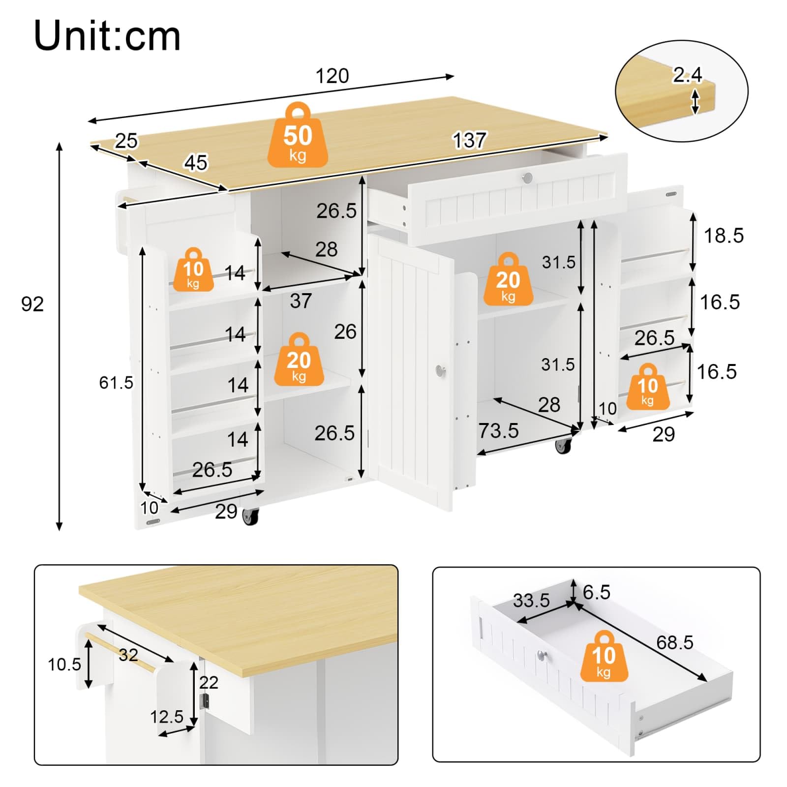KOMHTOM Desserte de Cuisine à roulettes avec Plan Travail Rabattable Chariot Rangement Grand Tiroir Placard Blanc Bois(120cm Classique Blanc)