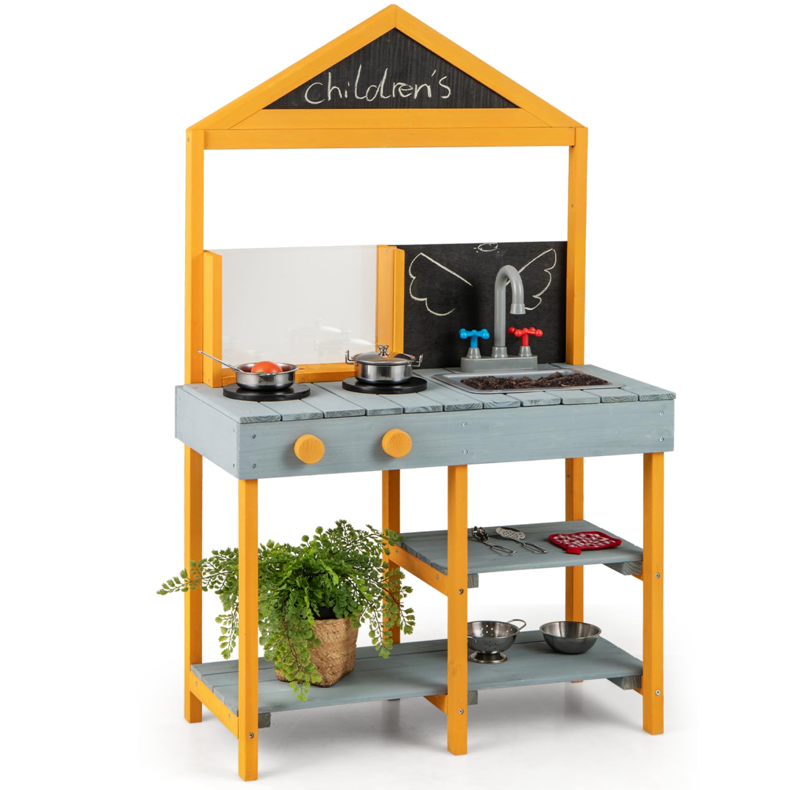 COSTWAY Mud Kitchen, Wooden Kids Toy Kitchen with See-Through Planter Box, Chalkboard, Sink & Faucet, Outdoor Pretend Kitchen Playset for Boys Girls Ages 3-8 (Blue+Yellow)