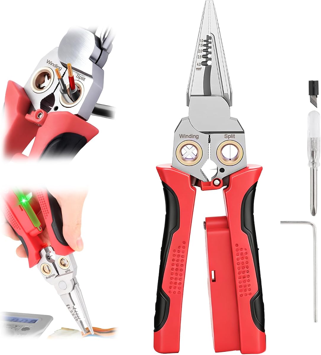 8-in-1 Wire Stripper with Voltage Tester, Electrician Tool for HVAC & DIY | Compact Portable Multi-Function Electrical Pliers, Wire Cutter, Crimper, Twister, Needle Nose Pliers, AC 12-250V, Red/Black