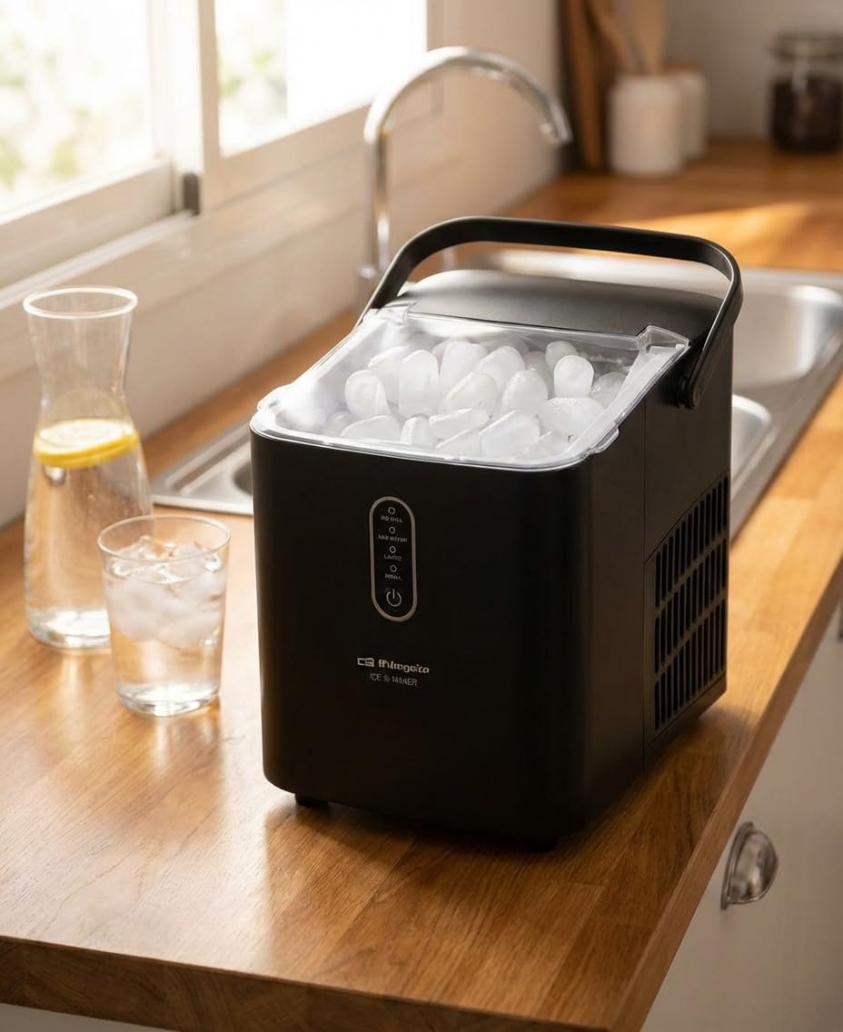 Suinga Máquinas para Hacer Hielo, Maquina de Hielo Portátil y Autolimpiante con Mango, Equipado con Hielo Pala de Puede Colocar Boca Abajo, 8 Cubitos Hielo Tipo Balas/6-8 Minutos, 12Kg/24h