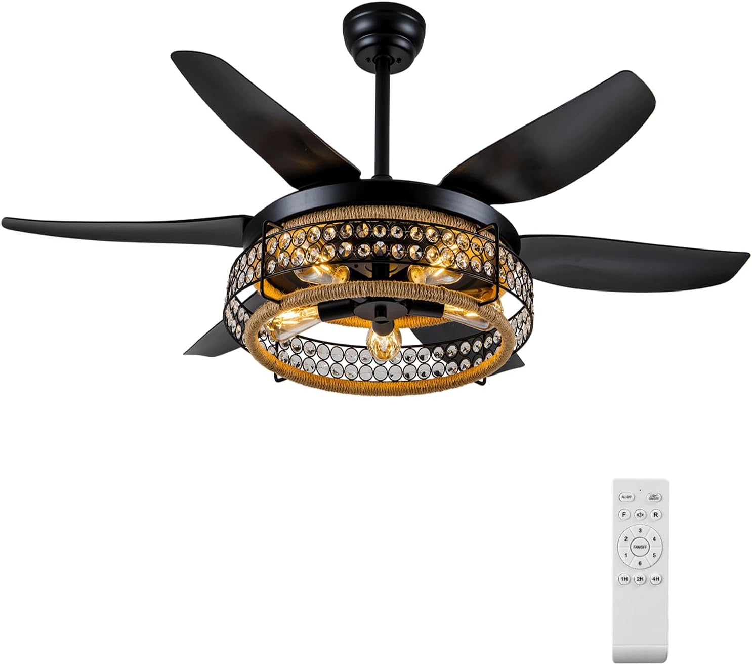 51 Inch Ceiling Fans with Lights and Remote, Farmohouse Fandelier Caged Ceiling Fan with Light, 6 Speed, Reversible, Black Industrial Ceiling Fan Lights for Bedroom, Kitchen, Living Room