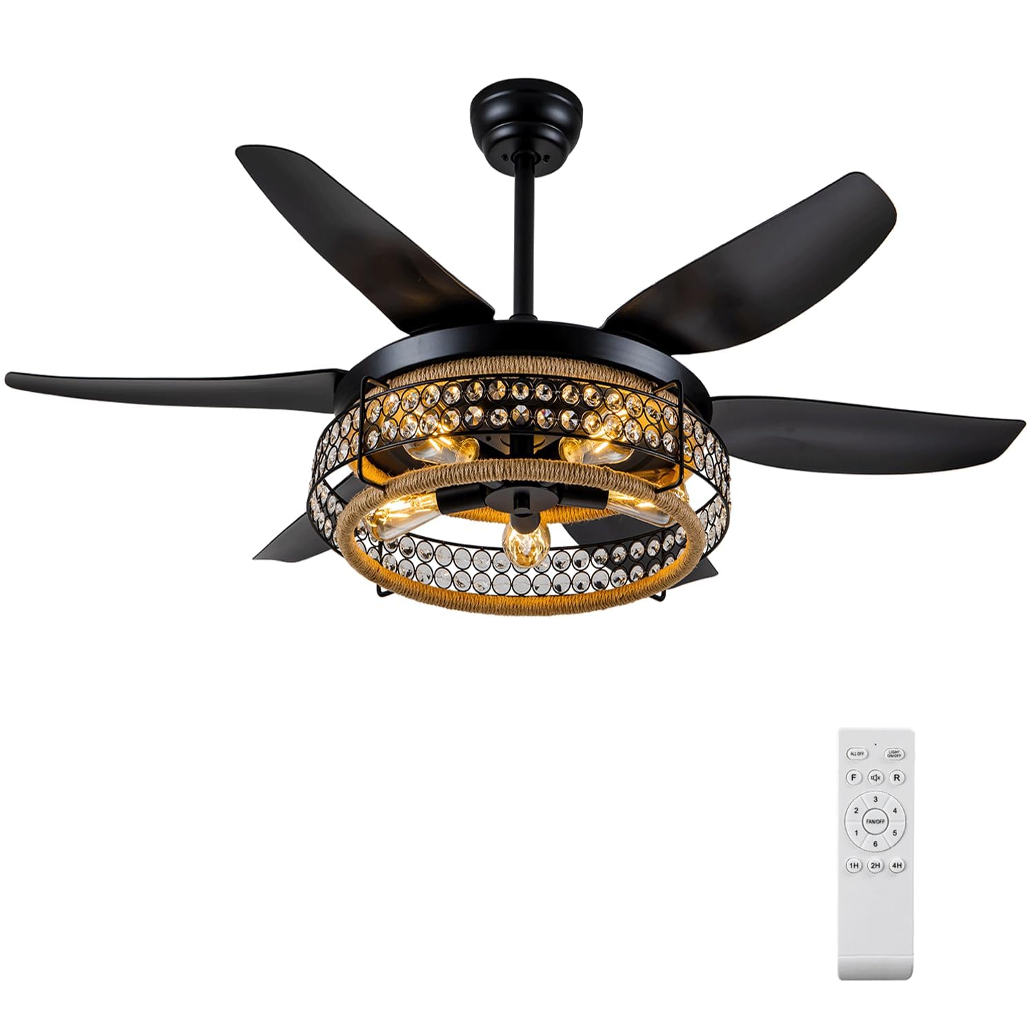 Oiotwo 51 Inch Ceiling Fans with Lights and Remote, Farmohouse Fandelier Caged Ceiling Fan with Light, 6 Speed, Reversible, Black Industrial Ceiling