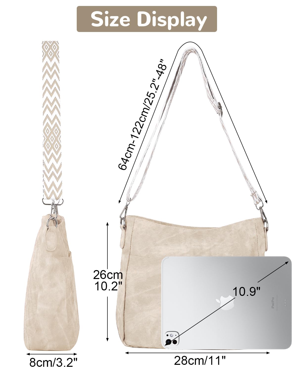 Sac à Bandoulière Boho pour Femme, Sac à Main Vintage Hobo avec Bandoulière Large Réglable avec Fermeture Éclair pour Voyager Travail Shopping Usage Quotidien