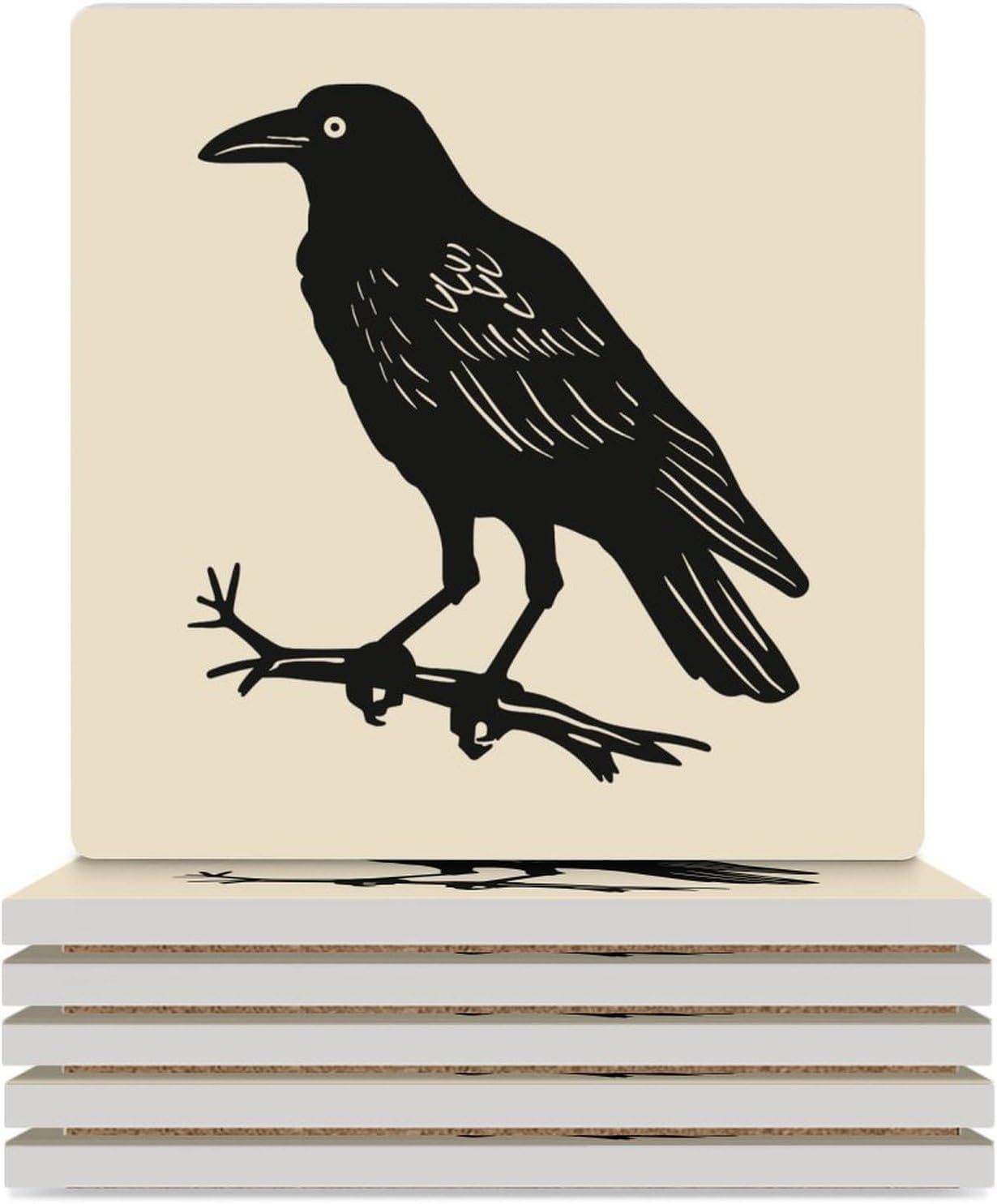 Black Crow Coasters for Drinks Square Table Coasters Set Cup Mats with Cork Base
