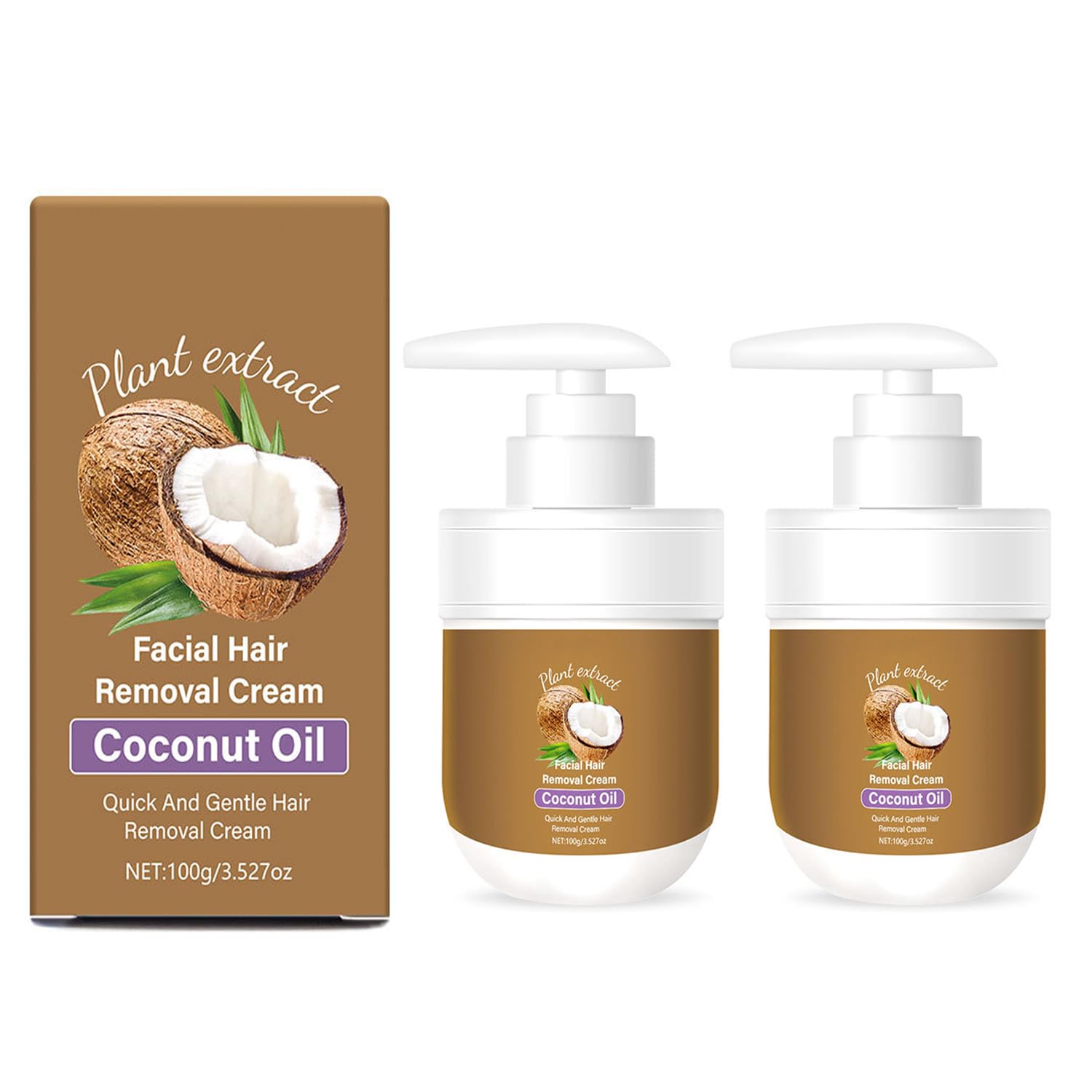 Facial Hair Removal Cream Coconut Oil Based Gentle Body for Women,2Pcs