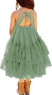 Girls Boho Lace Backless Square Neck Sleeveless A Line Ruffle Tiered Flowy Long Party Dress
