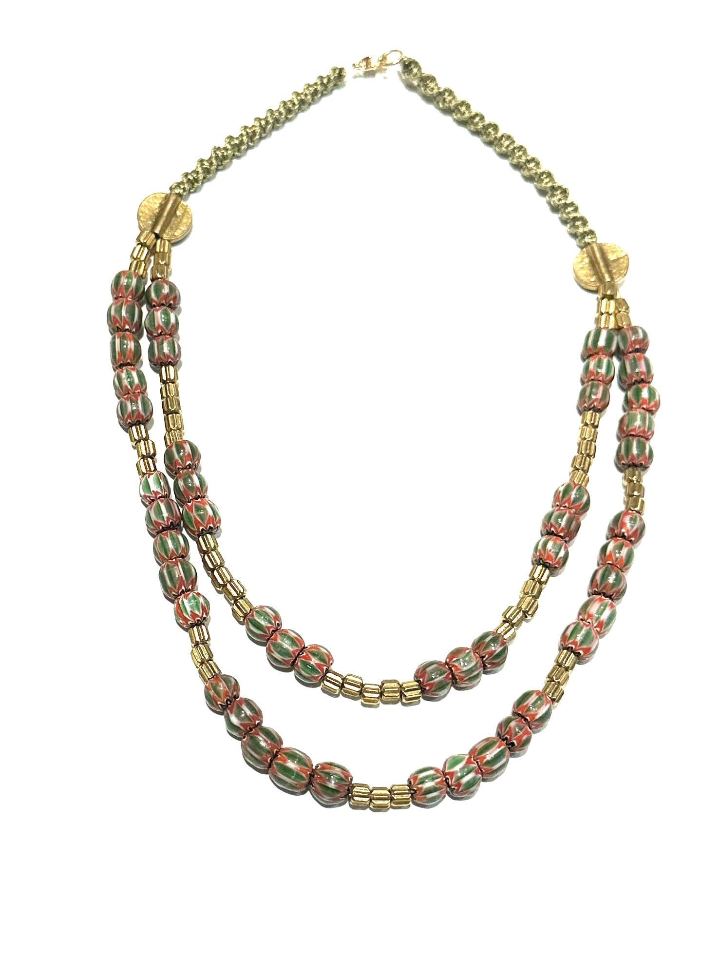 Collier ras-du-cou double rang vert blanc rouge et or 39 cm - 8