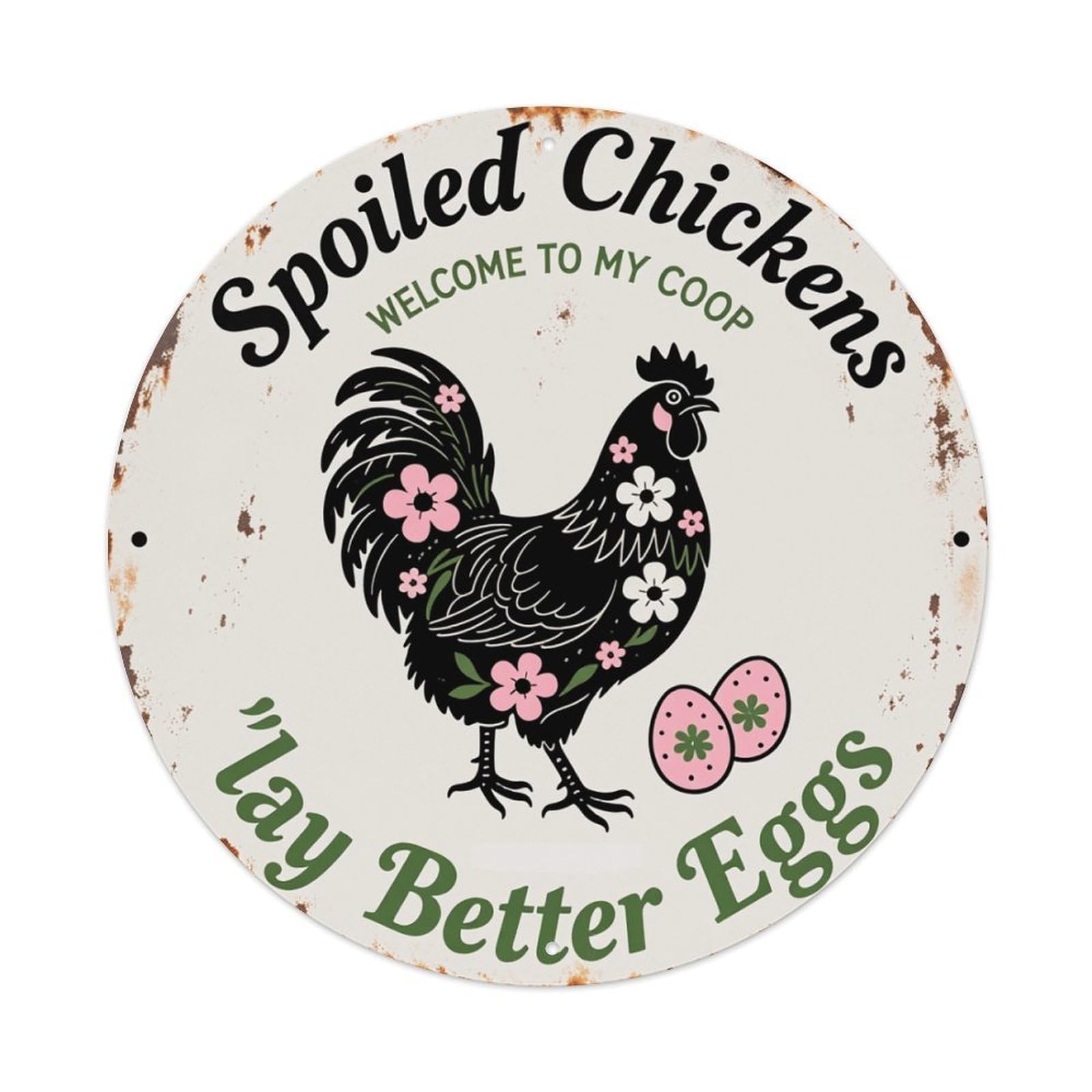 Chicken With Flowers And Eggs Round Tin Sign Retro Metal Sign for Cafe Bar Pub Home Game Room Gym Club Wall Decoration Vintage Metal Poster 8x8 Inch