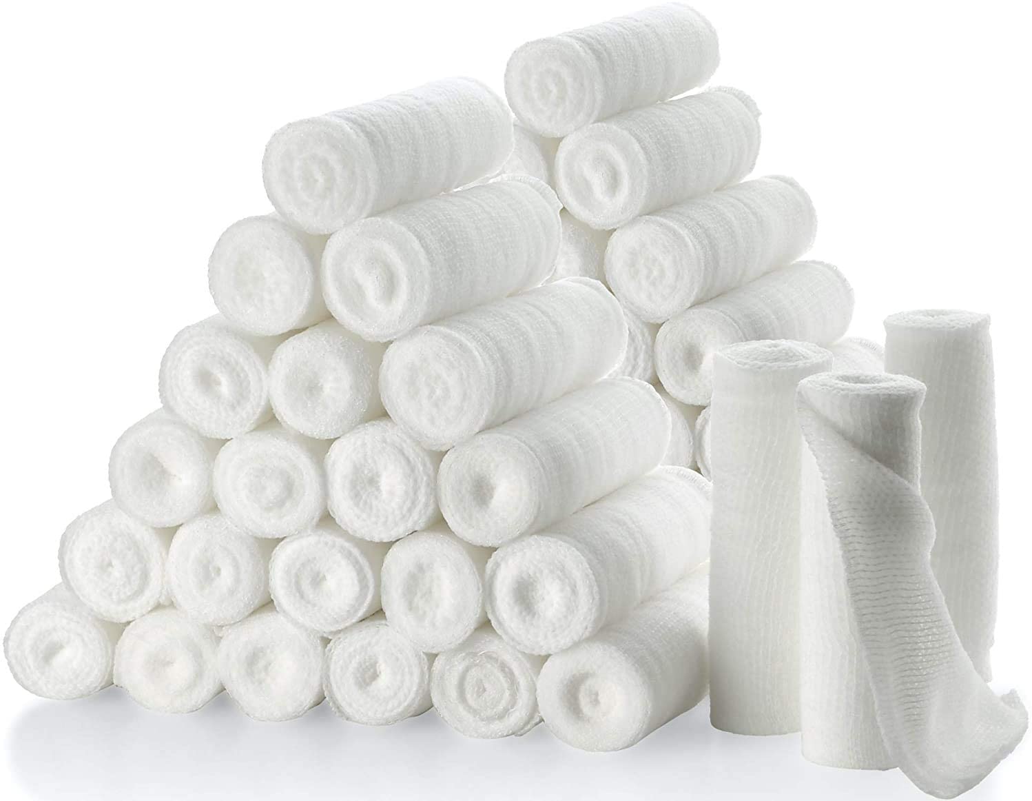 Pack de 48 Rollos de vendas de gasa de 10 cm de ancho x 5 m de longitud cada uno. Vendas elásticas de grado médico y envoltura individual para proteger heridas.