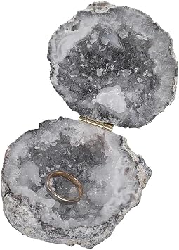 Crystal Stone Ring Box Agate Geode Necklace Case Quartz Earring Holder, Natural Crystal Cluster for Proposal, Engagement, Wedding, Keepsake, Agate, Decor, Artwork,Dark Gray