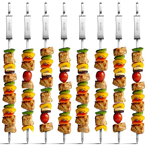 MiiKO Metal BBQ Kabob skewers - 8 Extra Long 16 inch Stainless Steel Grill skewers with Sliding Handles & Recipe e-Book