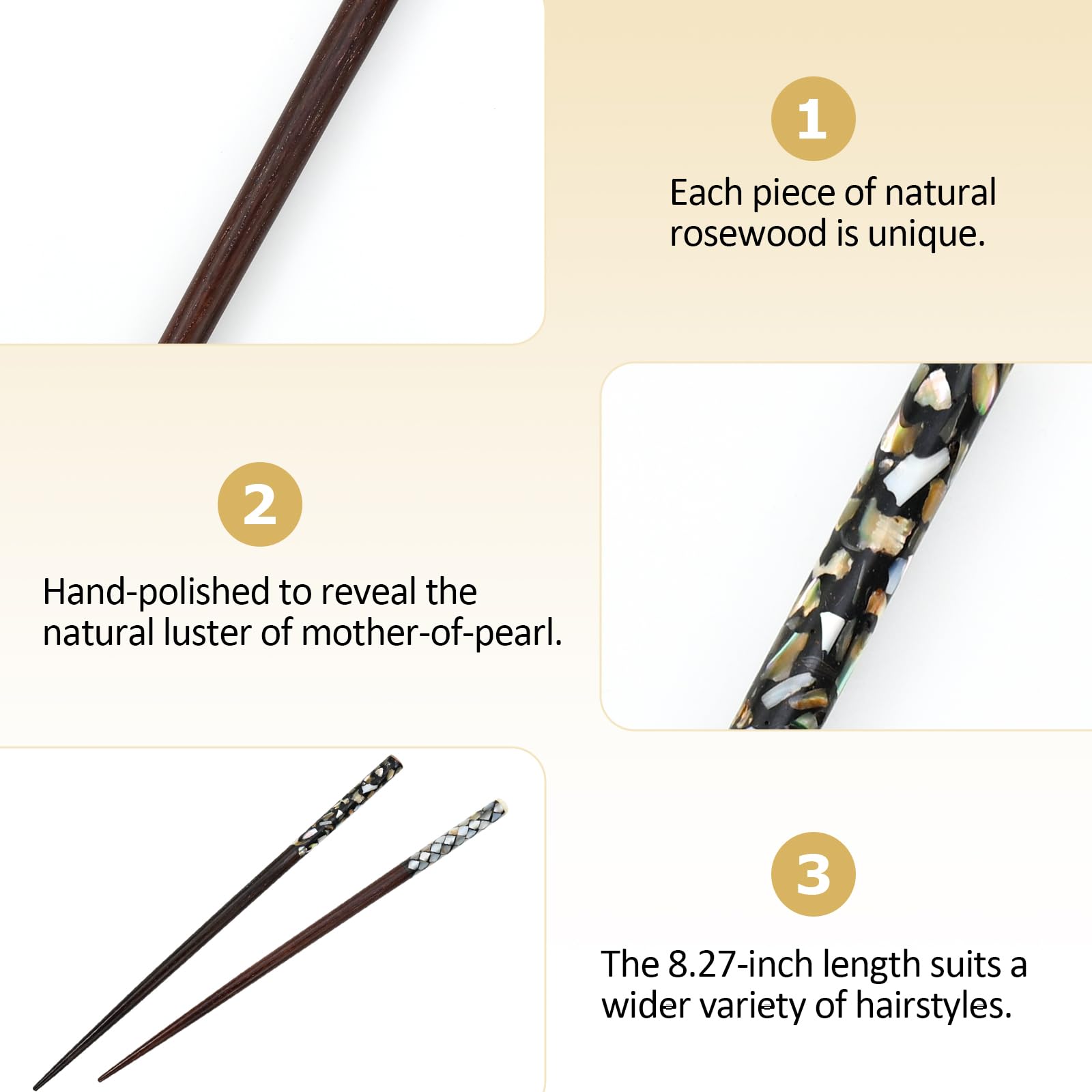 Hair Sticks for Women, Wooden Chopsticks with Mother-of-Pearl Inlay, Traditional Style, for Long Thick Hair(2pack) (White(multicolor mother-pearl)) — Amazon image 5