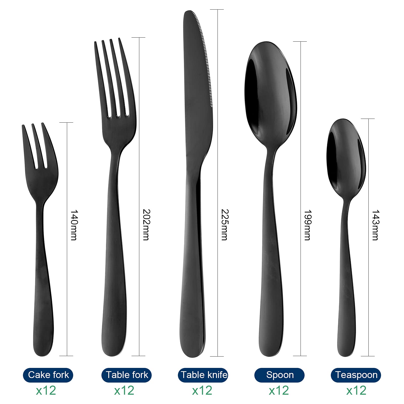 Besteck Set Schwarz 12 Personen, 60-Teiliges Edelstahl Besteckset mit Steakmesser, Elegantes Essbesteck mit Messer Gabel Löffel, Tafelbesteck für Küche/Restaurant