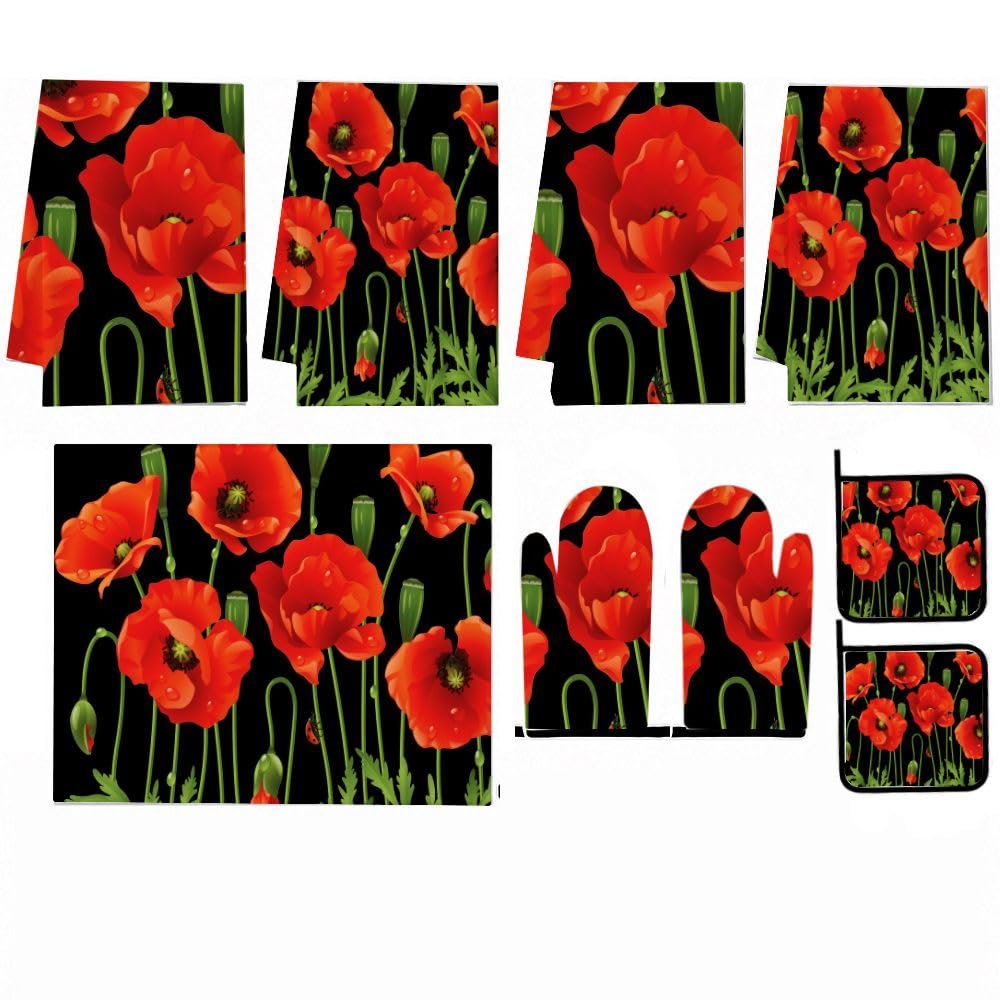 9PCS Bella Red Poppies4 Cucina Decor e Accessori Set
