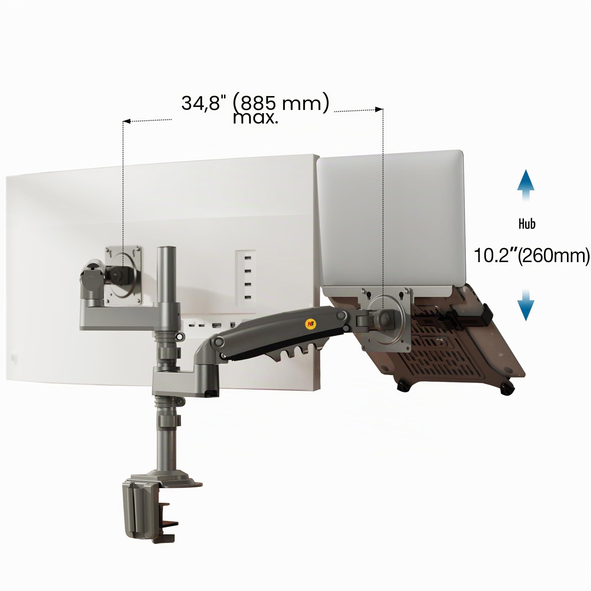 NB North Bayou H180-FP Doppelarm-2-in-1-Kombi, Laptop-Halterung mit Verstellbarer Ablage für 25,4–43,2 cm/10–17 Zoll Notebooks, Arm mit VESA-Platte für 43,2–68,6 cm/17–27 Zoll Monitore mit 9–10 kg