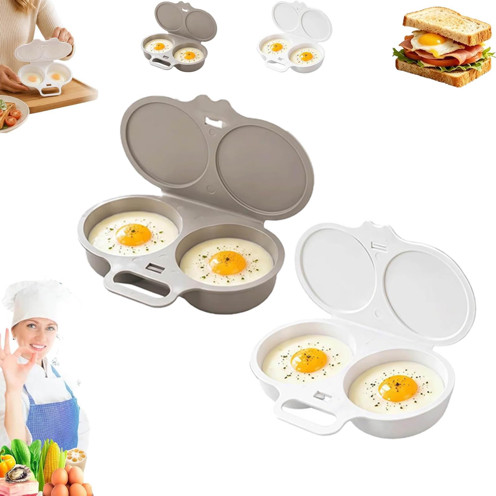 2PCS Microwave Egg Poacher With Lid Handle, Nonstick Poached Egg Maker, Dual Cavity Microwave Egg Poacher, Quick-Heat Microwave Egg Cooker for Kitchen Cooking Tool (White + Gray)