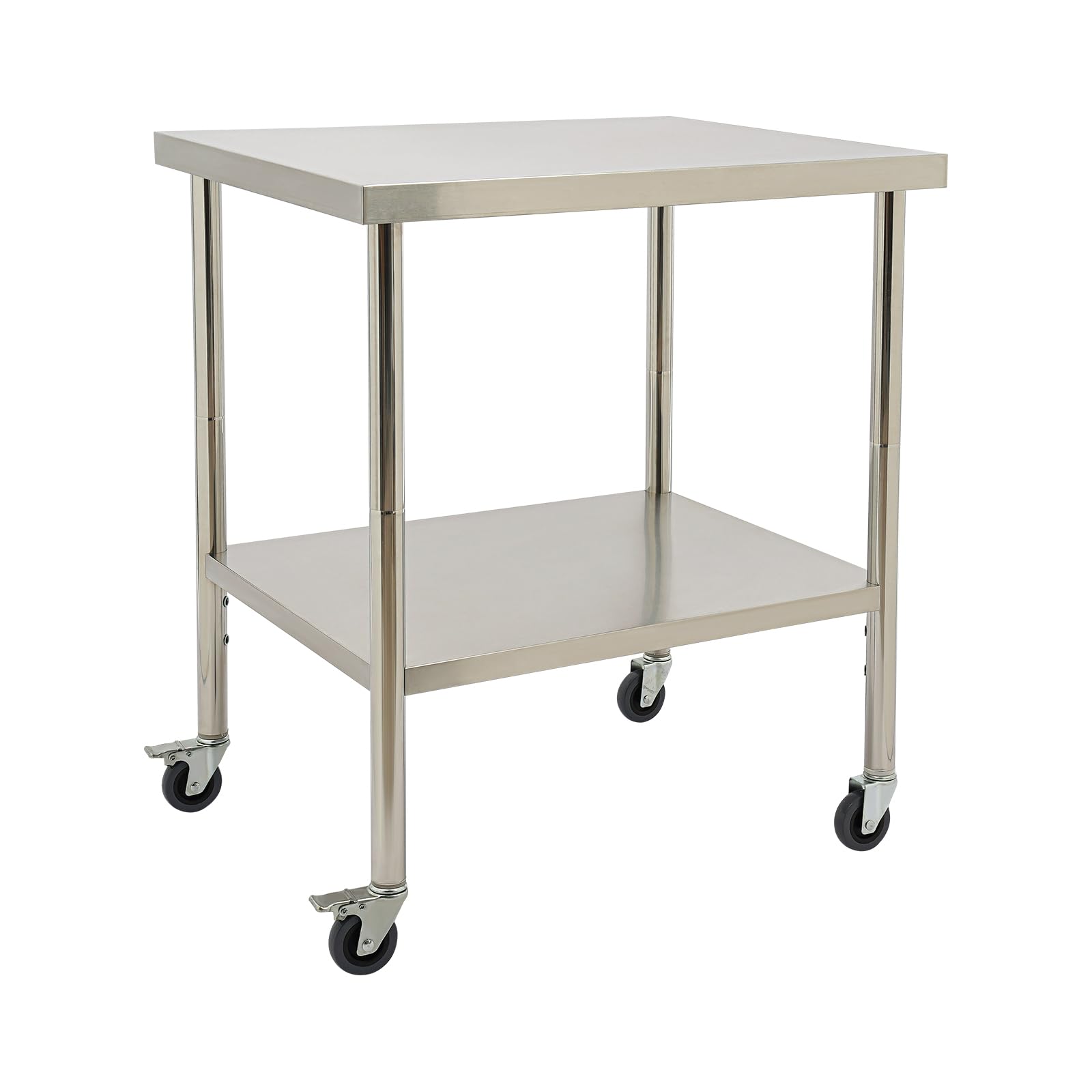 Tavolo da lavoro in acciaio inox, 76 x 60 x 85 cm, con ruote | acciaio inossidabile, 76 x 60 x 85 cm, portata 300 kg, 4 ruote (2 con freno), 2 livelli, per cucina, ristorazione ed esterni
