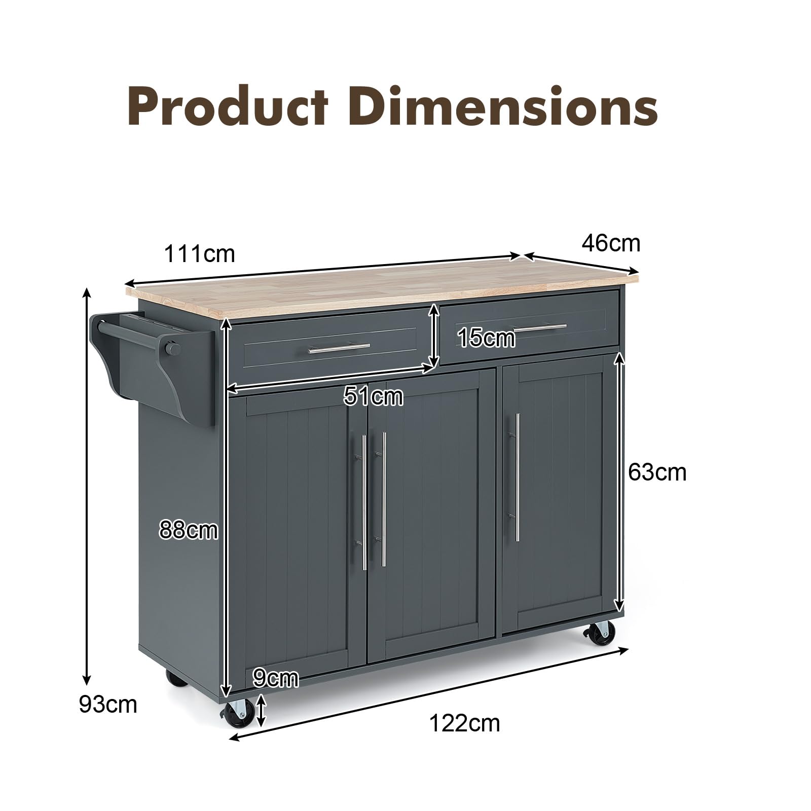 KOMFOTTEU Carrello Portaoggetti con Ruote con 2 Freni, Isola Cucina in Rovere Massiccio, Mobiletto da Pranzo con Portaspezie e Portasciugamani, per Soggiorno, 111,5 x 46 x 93 cm, In 2 Pacchi (Grigio)