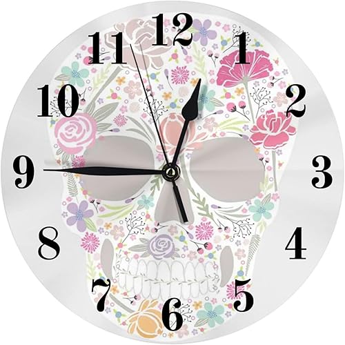 SARNFANS Reloj de pared con calavera de azúcar, silencioso, sin tictac, hojas de pétalos de azúcar muertos, relojes redondos de 10 pulgadas
