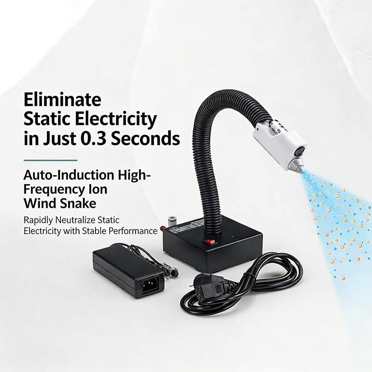 Ionizador industrial antiestático de 360° con flujo de aire ajustable para eliminación de polvo y estática en reparación electrónica