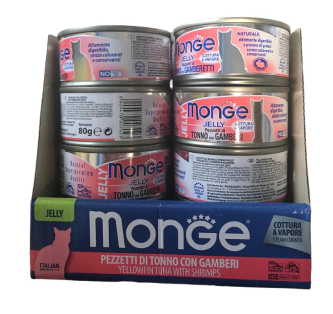 Monge Jelly natural superpremium quality Kawałki tuńczyka z krewetkami dla kotów, gotowanie na parze. Opakowanie 24 pudełka (80 gr. jeden). Bez barwników i konserwantów