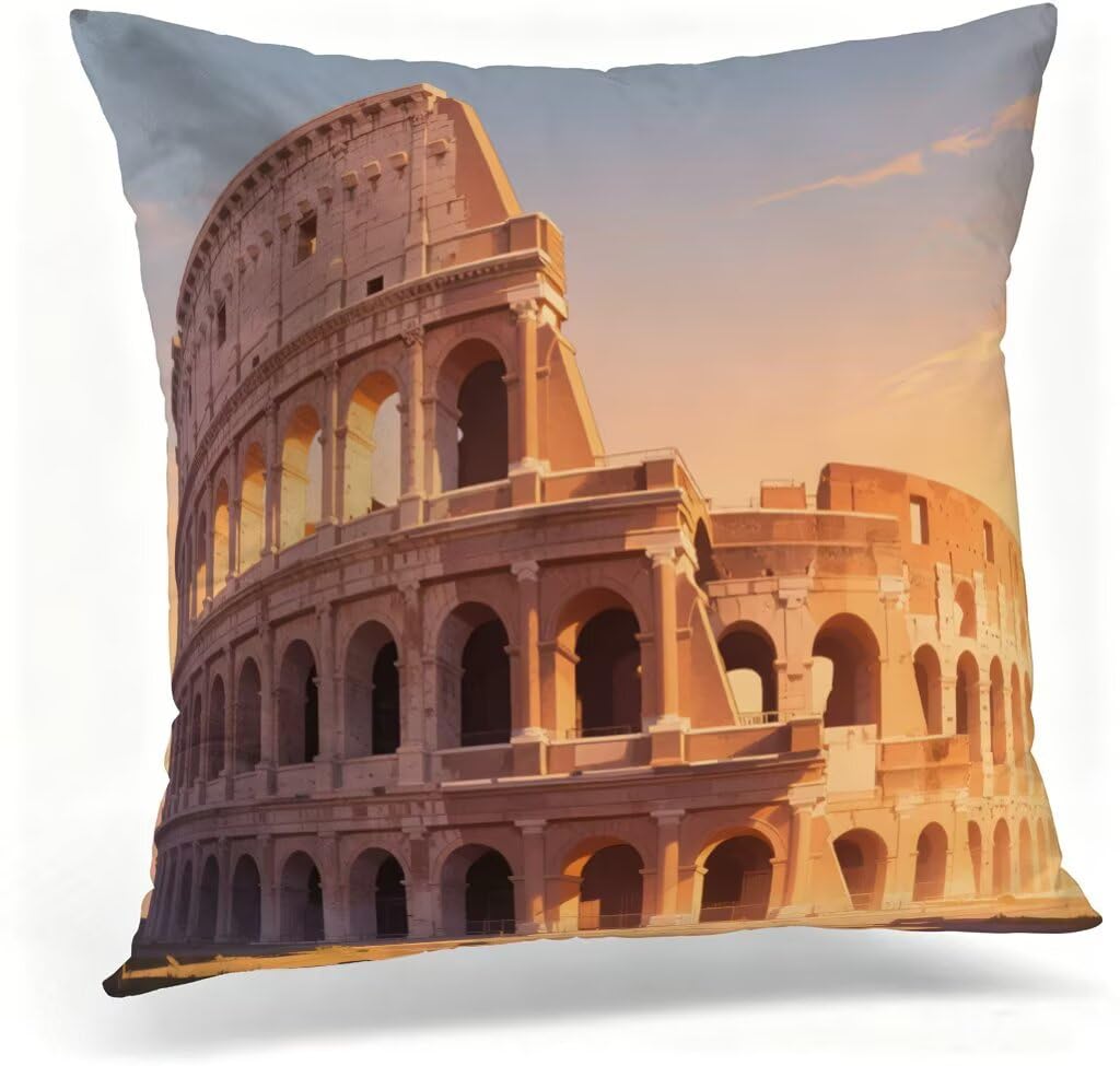Coussin canapé 55 x 55 en lin brun au motif de sites historiques pour décoration chic