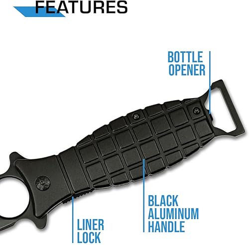 Miniatura 6 de MTECH USA Cuchillo plegable - Hoja de acero inoxidable negro, mango estilo granada de aluminio negro con abrebotellas y clip de bolsillo, EDC,