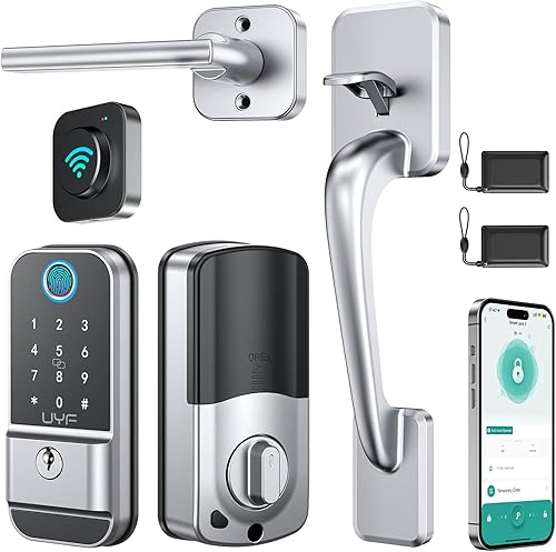 Juego de cerradura de puerta delantera WiFi cerradura de puerta inteligente con huella digital sin llave, teclado de entrada con mango y Getway