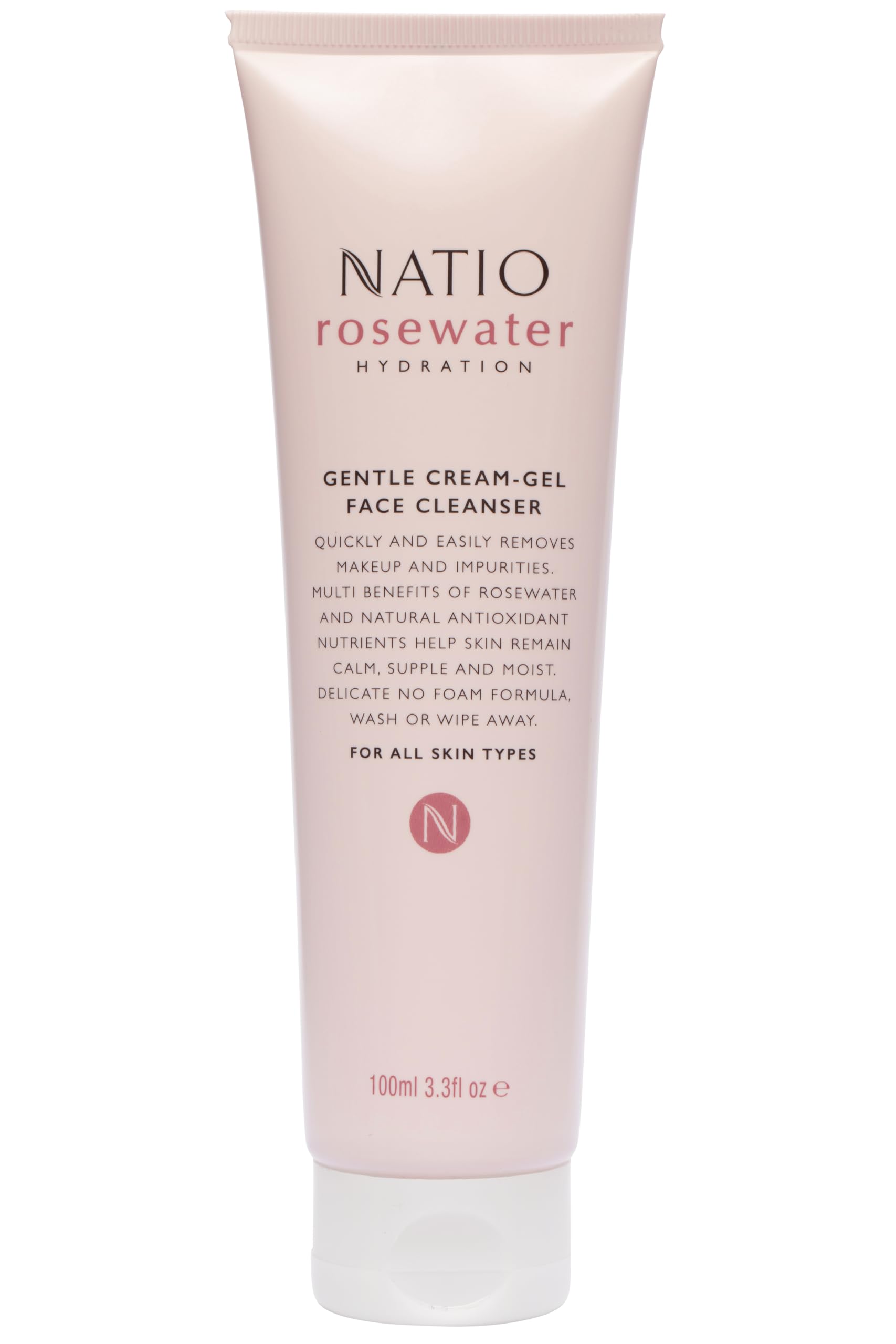 Natio Australia Rosewater Hydration Gentle Cream-Gel limpiador facial, 100 ml, limpiador facial con agua de rosas, lavado facial de tamaño de viaje para todo tipo de piel