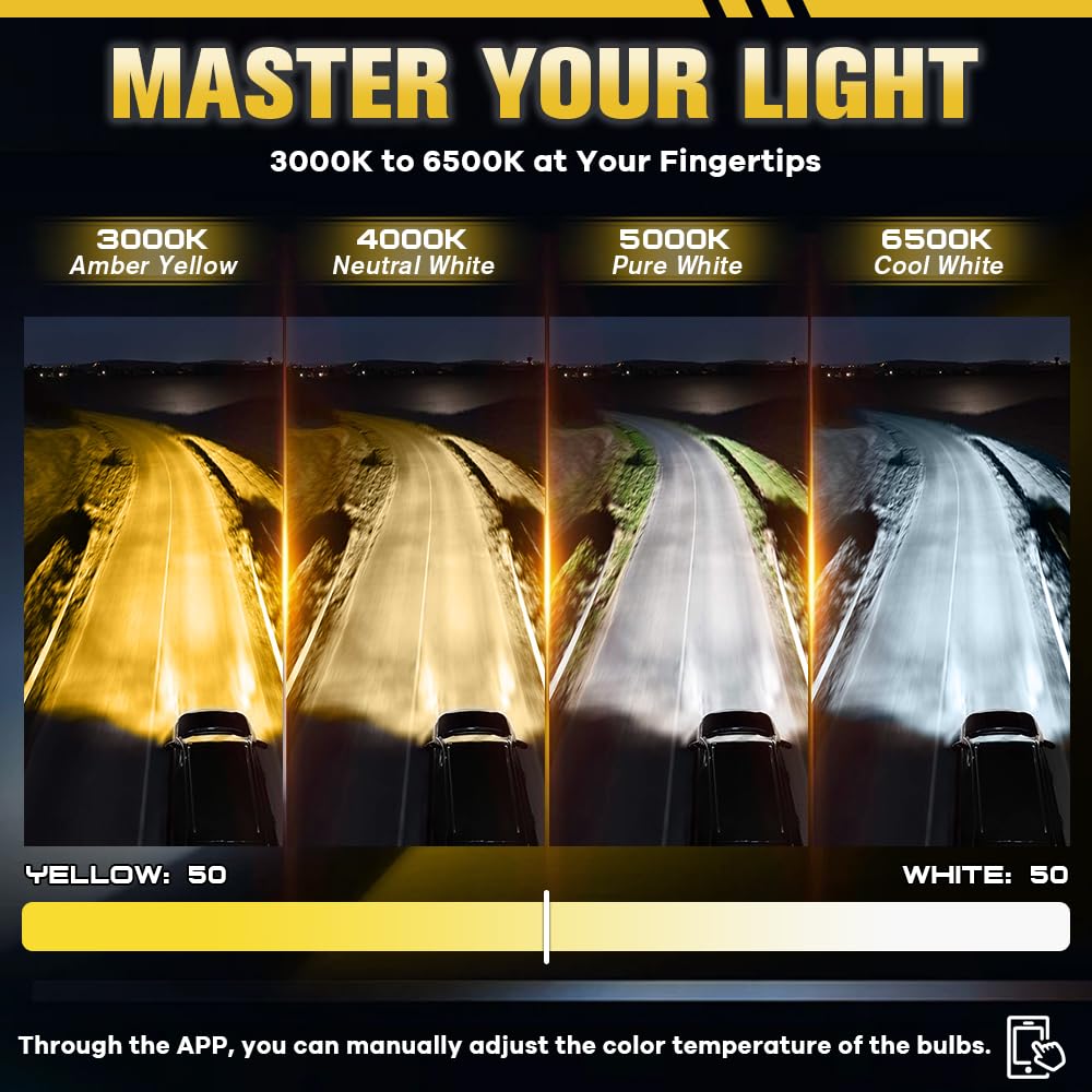 Bombillas H1 LED, Sin Errores CANbus H1 LED Inteligente App Control Brillo&Temperatura del Color 3000K Amarillo-6500K Blanco Frío Conexión Bluetooth (2 Pcs)