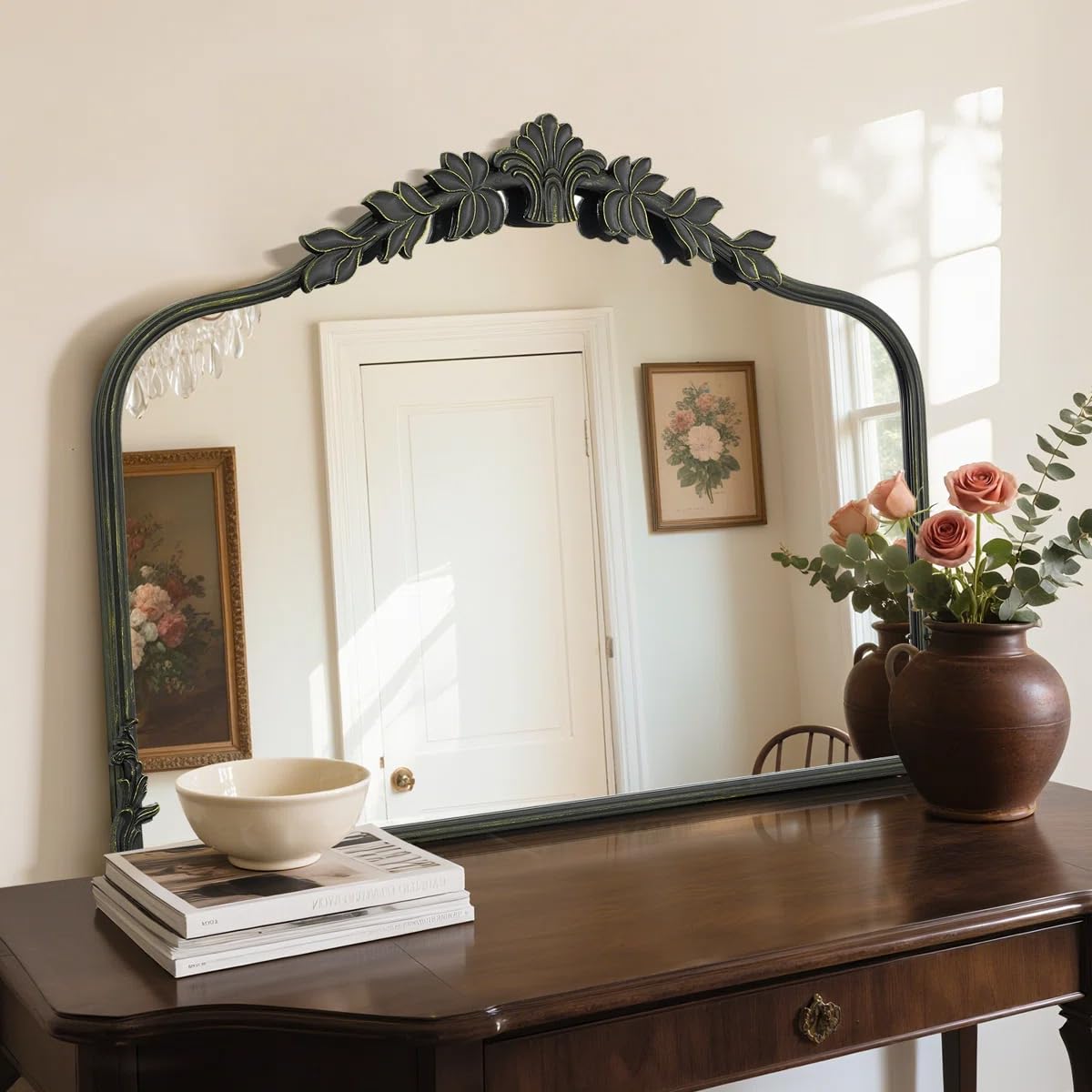 Vintage Wooden Arch Mirror with Ornate Floral Frame | Available in 2 Wooden Finishes | Decorative Wall Mirror for Bedroom, Living Room & Entryway(Black, 28x36 inches)-image-49