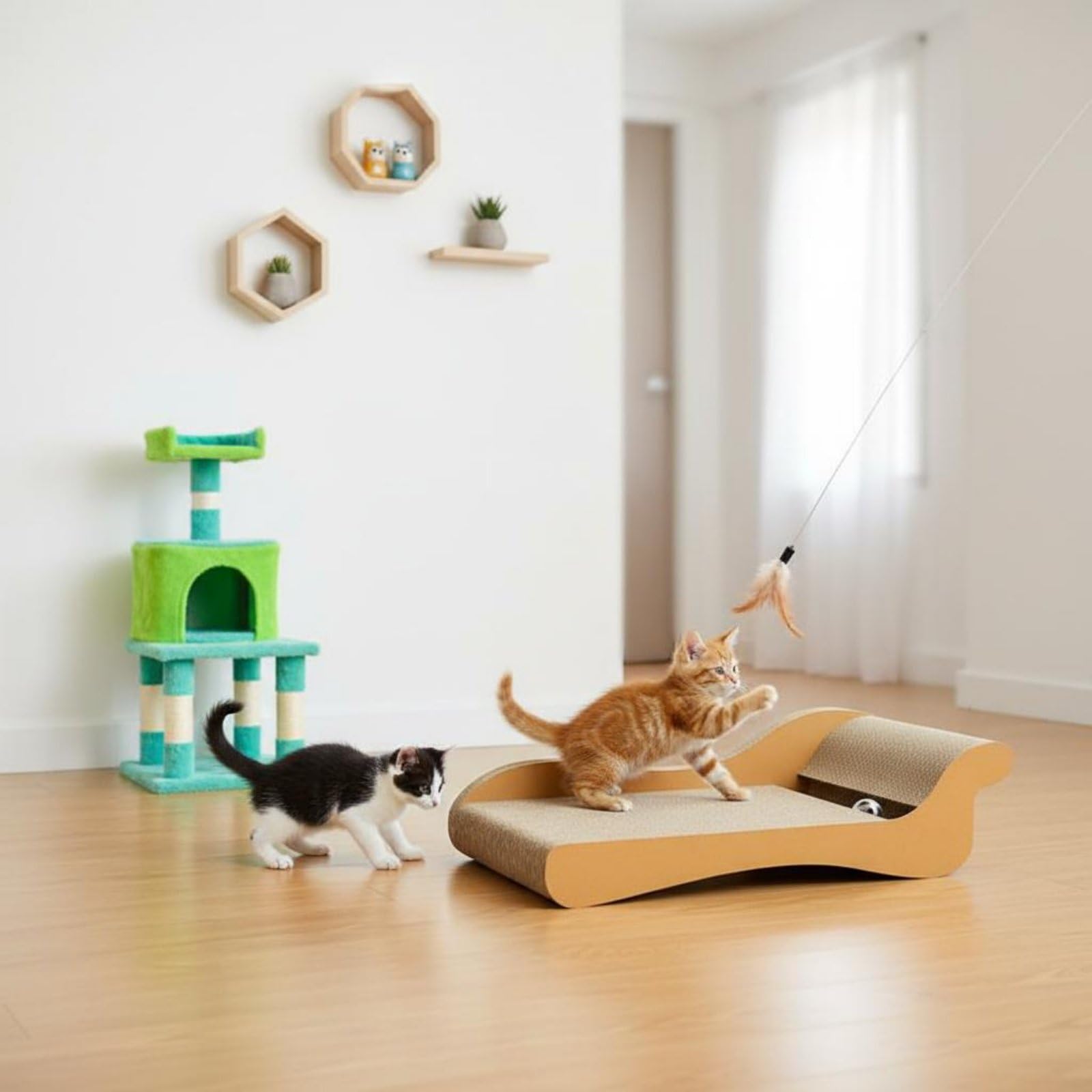 Griffoir pour Chat Lounge Canapé Lit Sofa Planche à Griffer en Carton Ondulé Épais Courbure Ergonomique avec Piste et Balle Adapté aux Chats Jusqu’à, 60 X 28 X 18 Cm