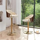 YOUUGIOR Modern Swivel Bar Stools Set of 2,Adjustable Counter Height Bar Chairs with Wood Back, Beige Leather Upholstered Golden Stainless Steel Legs and Arms for Kitchen Island/Dining/Pub/Cafe