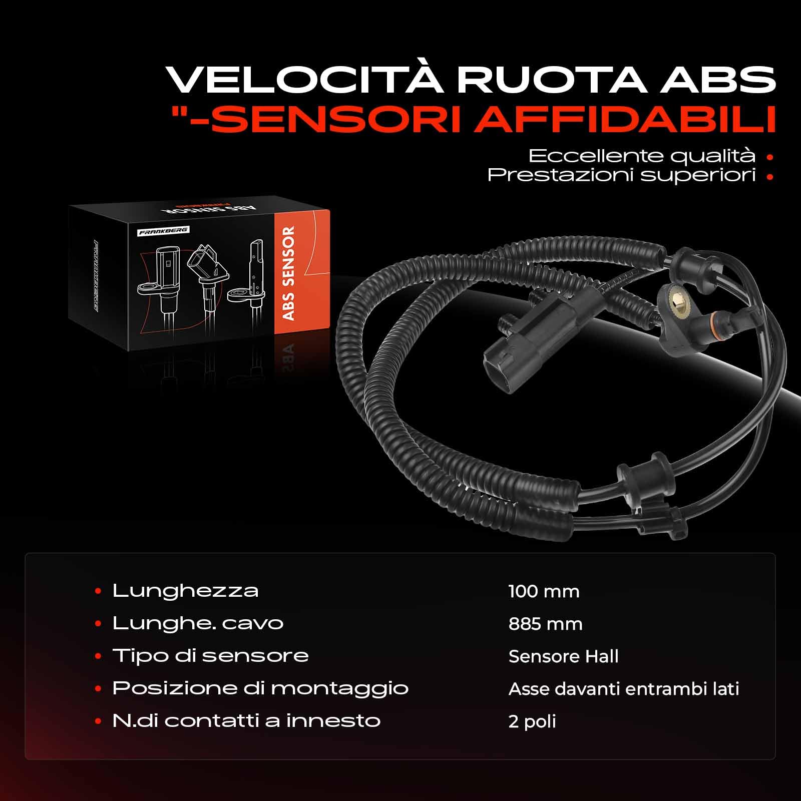 Frankberg Sensore Velocità Ruota ABS Sensore ABS 2-Poli Compatibile con Nitro Cherokee KK Wrangler III JK Compass MK49 Replace# 68004019AB,52109776AE