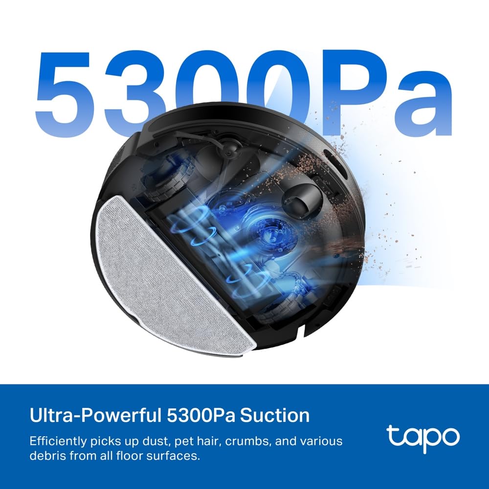 TP-Link Tapo RV20 Max – Robot sprzątający z mopem, 5300Pa, ultra-smukły (83 mm), nawigacja LiDAR, 5 poziomów ssania, 3 poziomy mopowania, 180 min pracy, sterowanie aplikacją i głosem, mapowanie pięter
