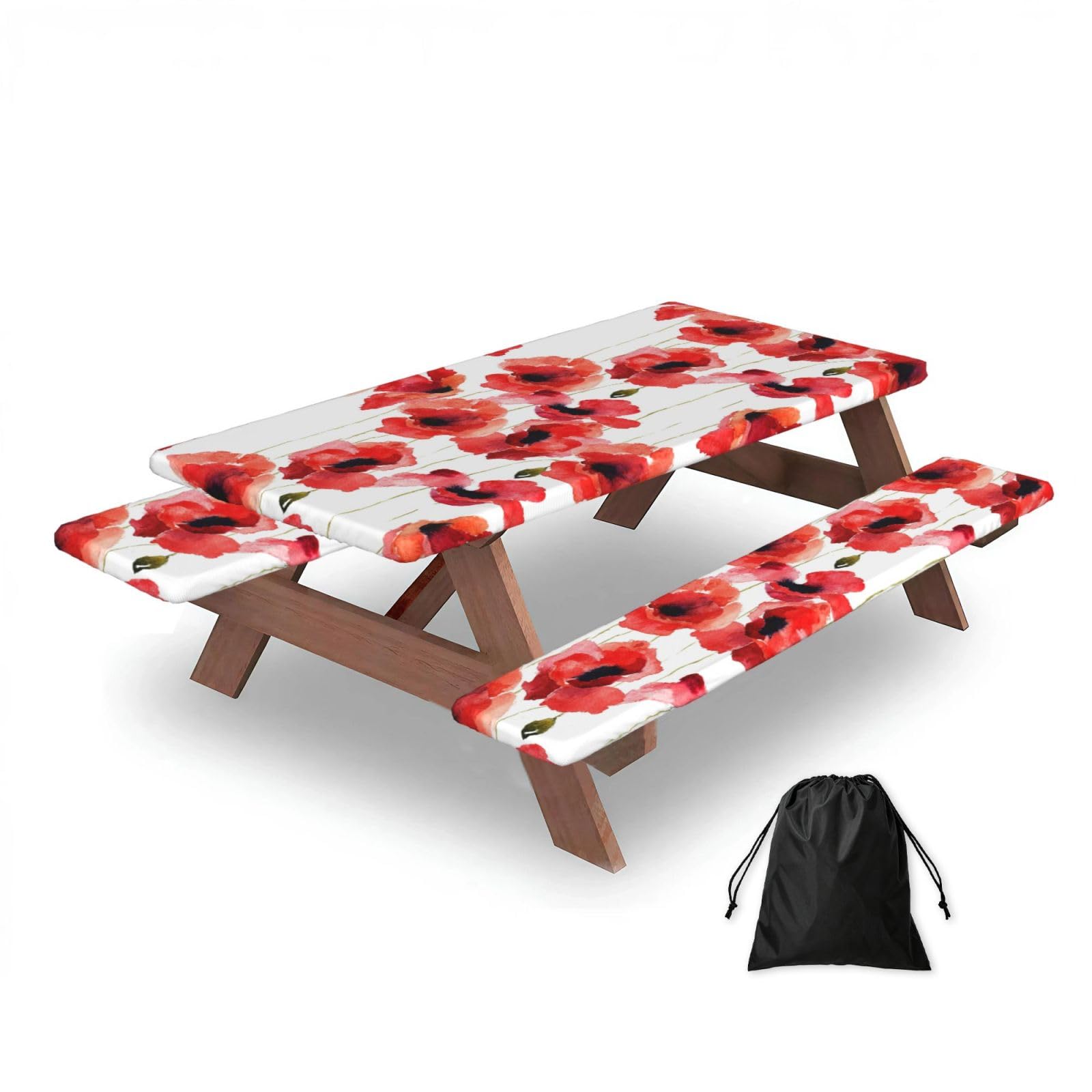 Dopklna As Picture Watercolor Poppies, Picnic Table Cover With Bench Covers -Waterproof Elastic Fitted Tablecloth For Garden Camping Patio 76X152cm